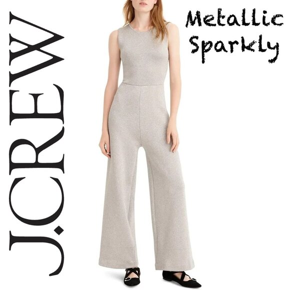 NEW J. Crew Silver Metallic Wide Leg Jumpsuit - Picture 1 of 13